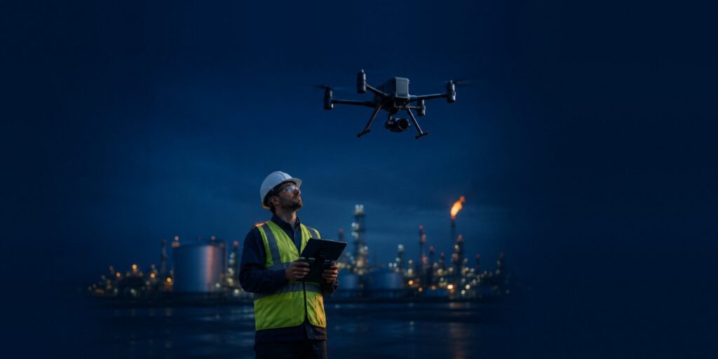 Part 107-certified drone inspector flying at night