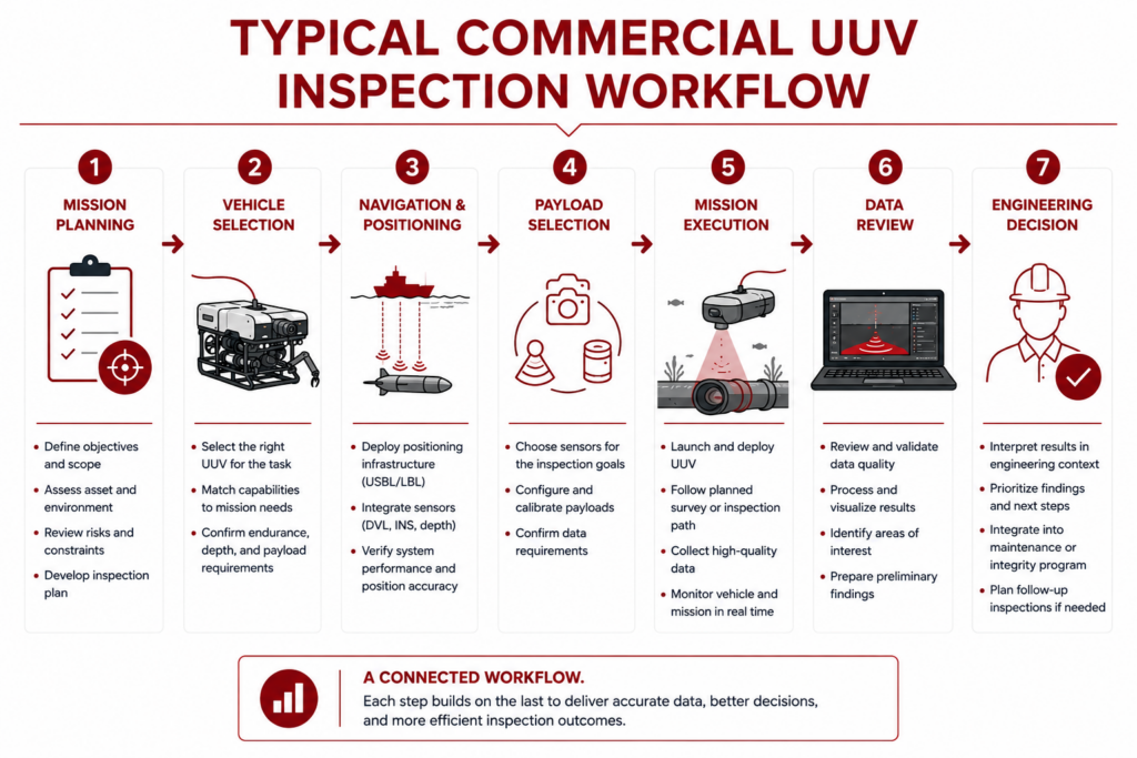 Vehicle Selection The inspection objective should determine the vehicle—not the other way around. Teams typically begin by defining the asset, the information they need to collect, environmental conditions, and operational constraints before choosing an ROV, AUV, or another type of UUV. For example, inspecting a damaged subsea valve may require an ROV that can hover precisely while transmitting live video. A pipeline route survey covering several kilometers may instead call for an AUV that can efficiently collect georeferenced survey data over a much larger area. Navigation and Positioning Unlike aerial drones, UUVs cannot rely on GPS once they are underwater. Instead, they use combinations of inertial navigation systems, Doppler Velocity Logs (DVLs), acoustic positioning systems such as USBL or LBL, and other navigation technologies to estimate or measure their position throughout the mission. The appropriate navigation solution depends on the required positioning accuracy, water depth, mission duration, and available support equipment. For many offshore inspections, accurate positioning is essential for relocating defects, repeating inspections over time, and integrating inspection results into broader asset management programs. Related guides: Underwater Navigation Systems, Underwater GPS, DVLs, Subsea Positioning, and USBL. Payload and Sensor Selection The same UUV can support very different missions depending on the sensors it carries. High-resolution optical cameras may be sufficient for a visual inspection, while sonar systems can improve imaging in turbid water. Other missions may require multibeam echo sounders, side-scan sonar, laser measurement systems, environmental sensors, or specialized scientific instruments. Choosing the right payload is ultimately driven by the inspection objective. Collecting more data is not always better if the sensors do not produce information that supports maintenance, engineering, or operational decisions. Data Review and Follow-Up Inspection After the mission, inspection teams review the collected data to identify findings, validate survey quality, and determine whether additional investigation is needed. Broad surveys often identify areas of interest that are later examined in greater detail using another vehicle or inspection method. uuv-inspection-workflow