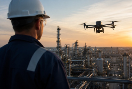 A drone pilot flying an inspection mission at an industrial facility
