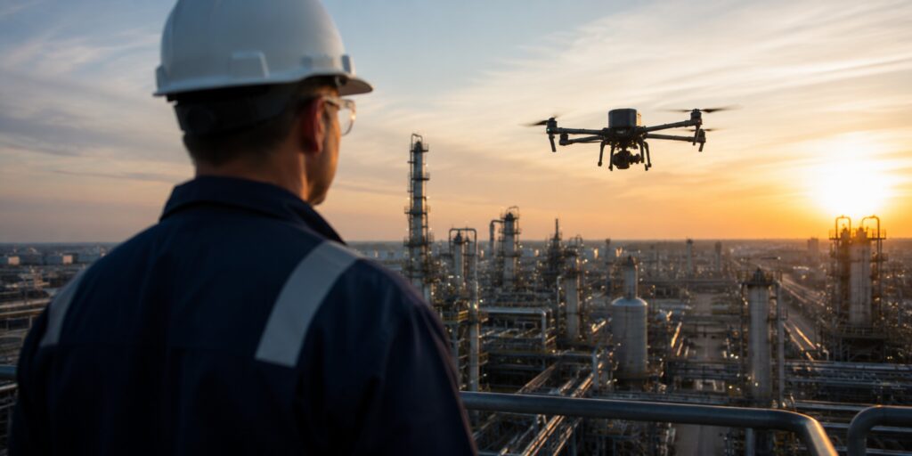 A drone pilot flying an inspection mission at an industrial facility
