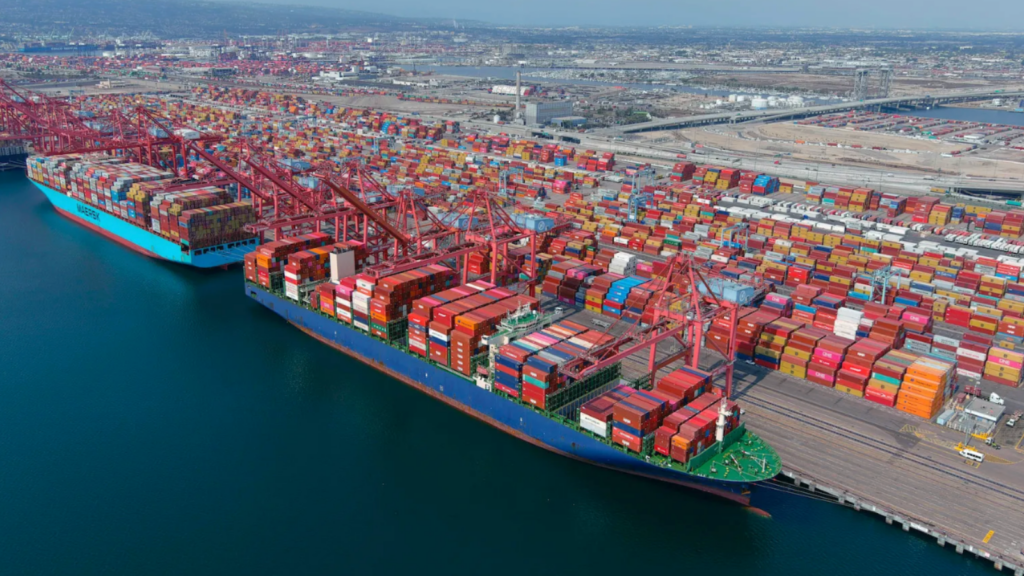 Container ships and cranes at the Port of Long Beach in California