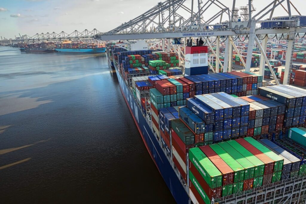 Container cranes and commercial vessels at the Port of Savannah in Georgia