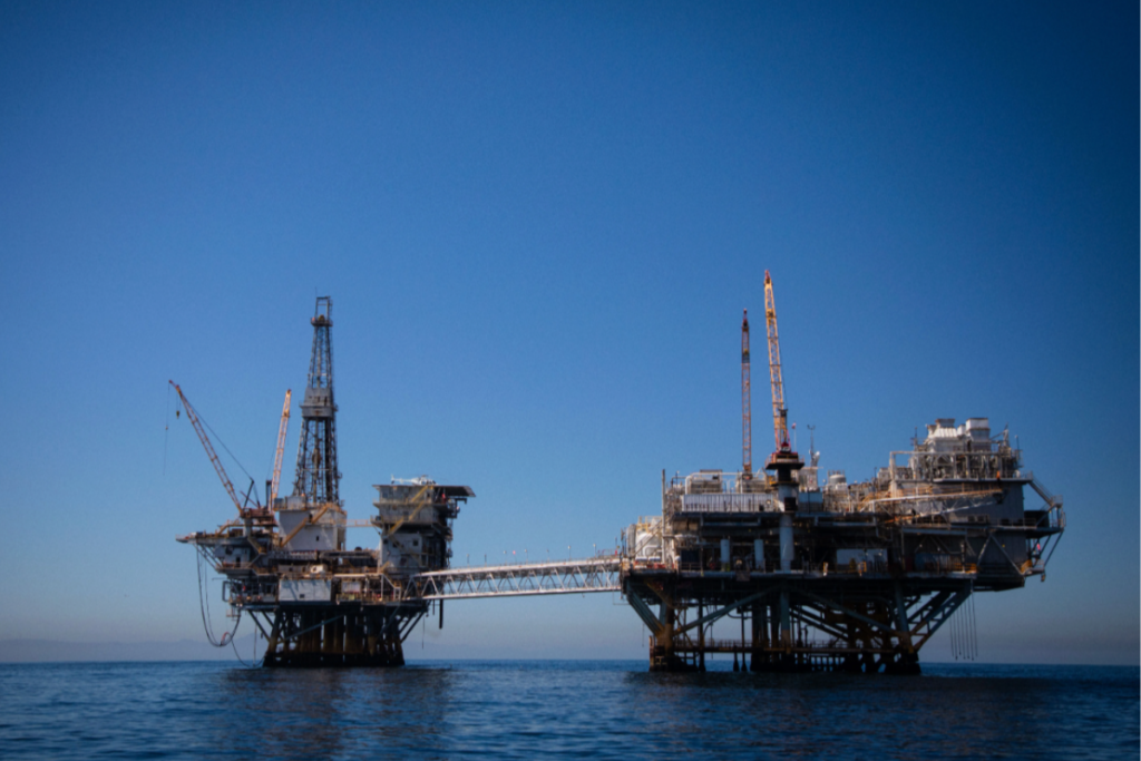 Offshore oil platforms visible from the Huntington Beach coastline