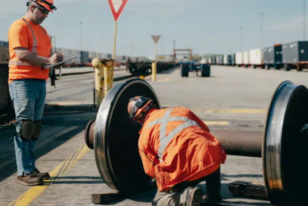 Technician inspecting freight or material-handling equipment