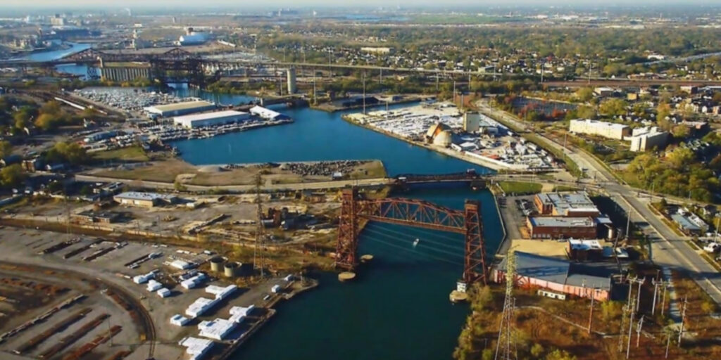 Industrial facilities and infrastructure along a Chicago-area waterway (hero image)