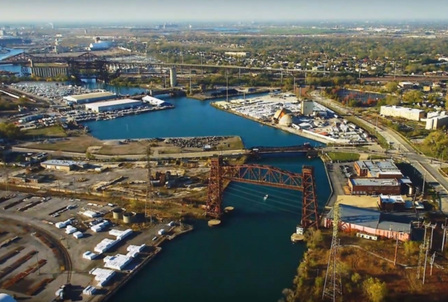 Industrial facilities and infrastructure along a Chicago-area waterway (featured image)